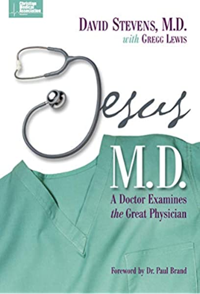 Jesus M.D raamatu esikaas. Kirurgi roheline särk mille kaeluse kohal on raamatu tiitli J-täheks asetatud stetoskoop